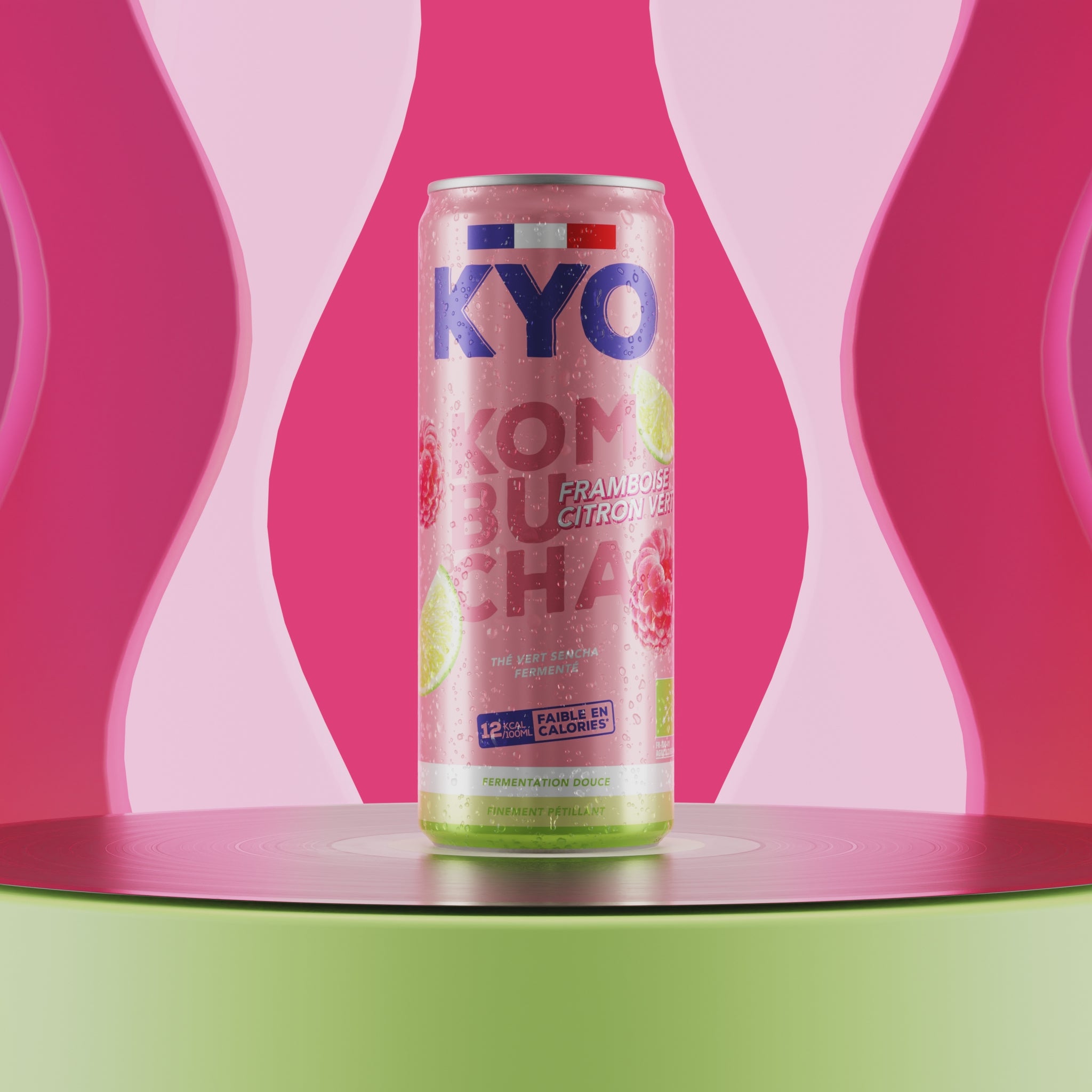 KYO Kombucha, canette 33cl, kombucha en canette qui tourne, kombucha à la framboise et citron vert, brassé en france.